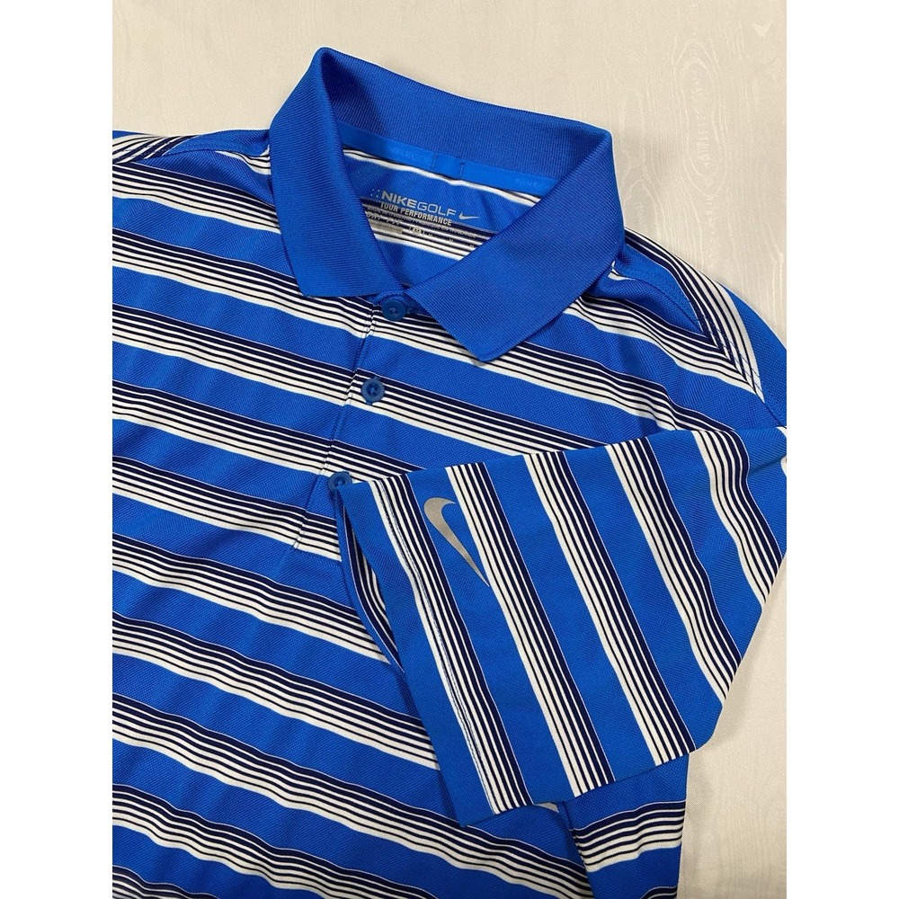 Nike Golf Tour Performance Mens Medium White Blue Black Stripe Dri Fit ‎ Polo